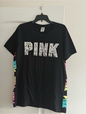 PINK Victoria's Secret Black Sequin Logo Tee with Neon Side Stripes